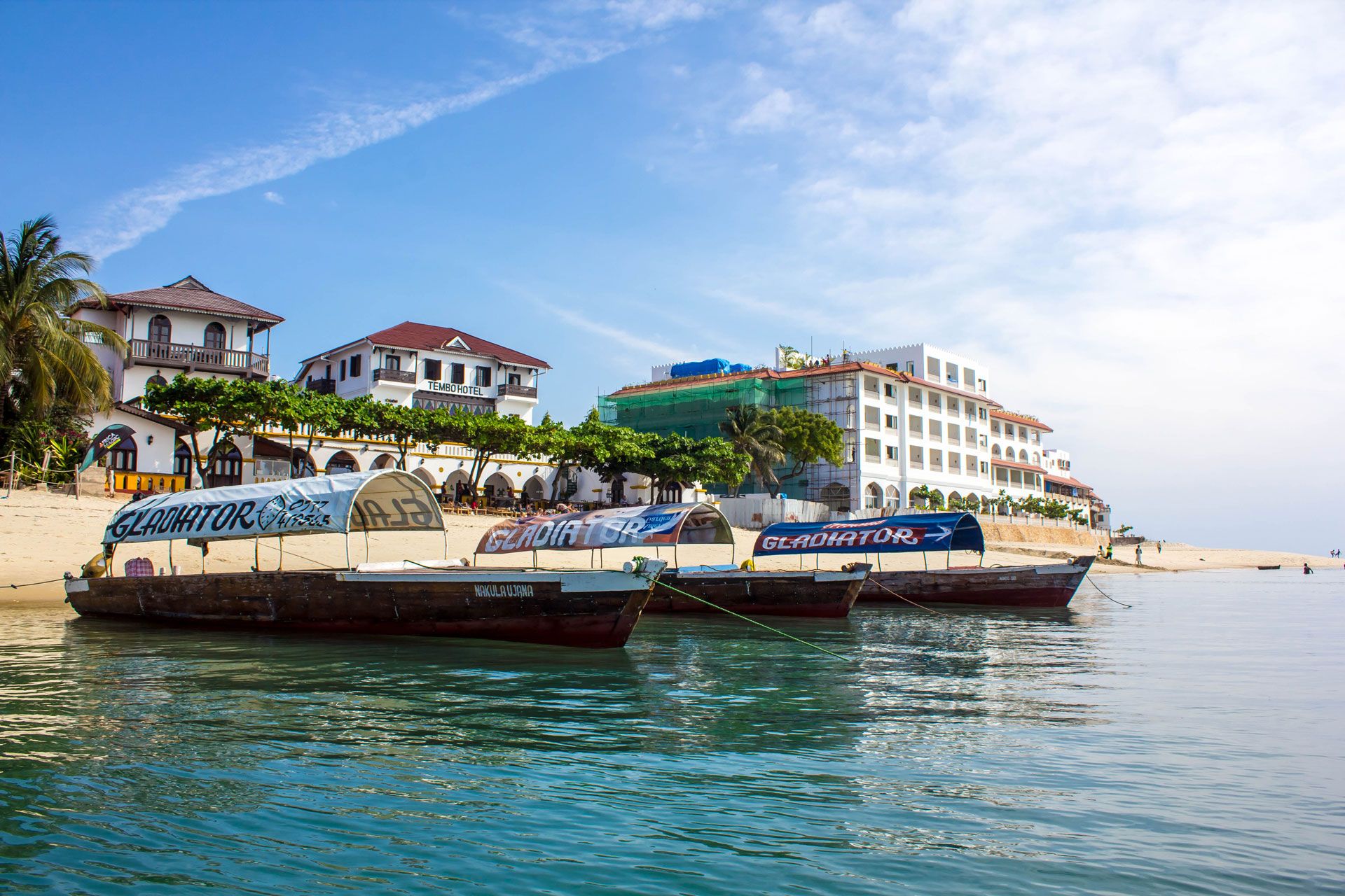 Small boats moored at Stone Town in Zanzibar, Tanzania. 