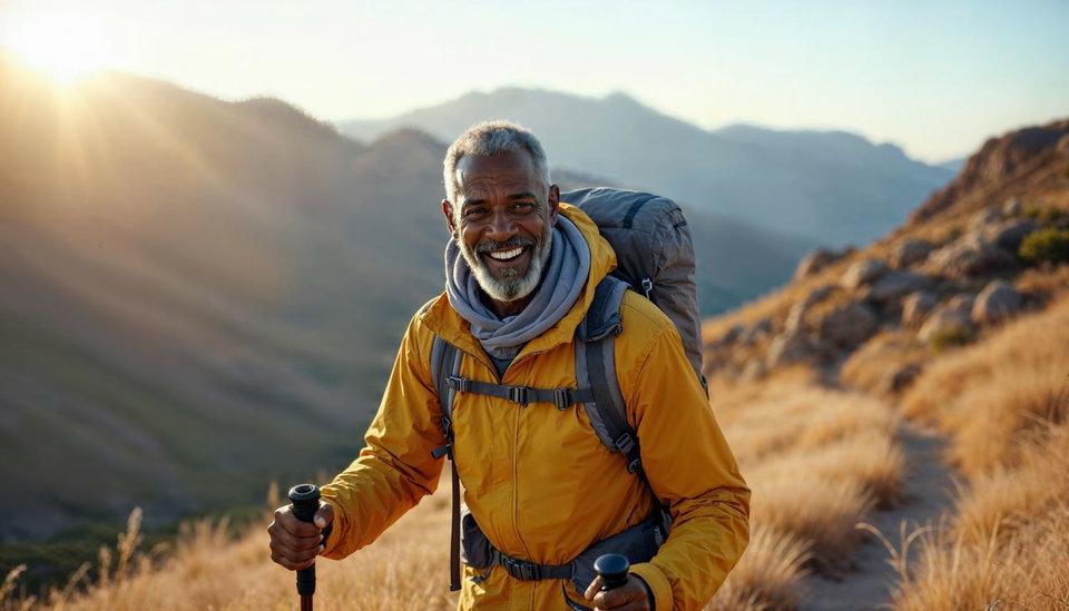 A man hikes up a trail on a mountain