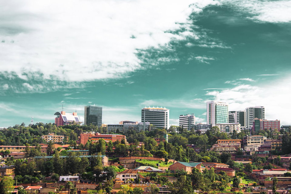 Panoramic view of Kigali's modern skyline and rolling hills