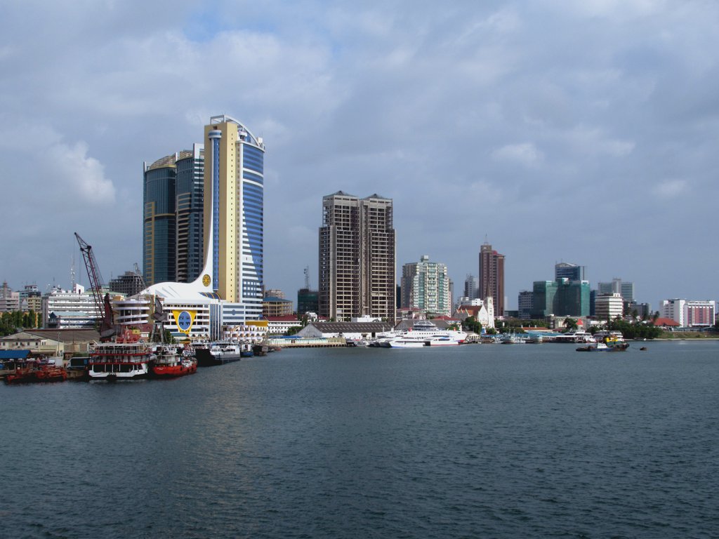 Dar es Salaam city skyline with modern buildings along the harbor