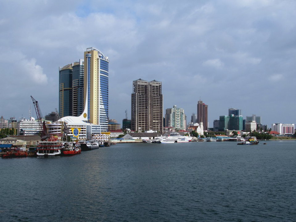 Dar es Salaam city skyline with modern buildings along the harbor