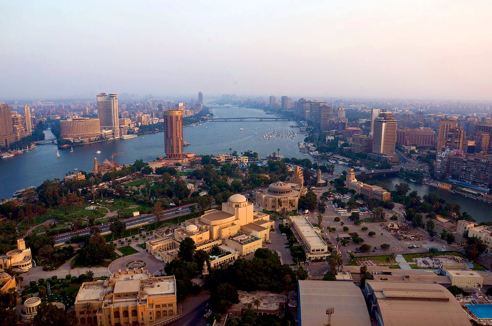 The Cairo skyline at dusk from a bird's eye view