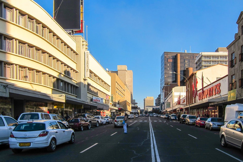 Windhoek city skyline framed by the Khomas Highland hills at golden hour