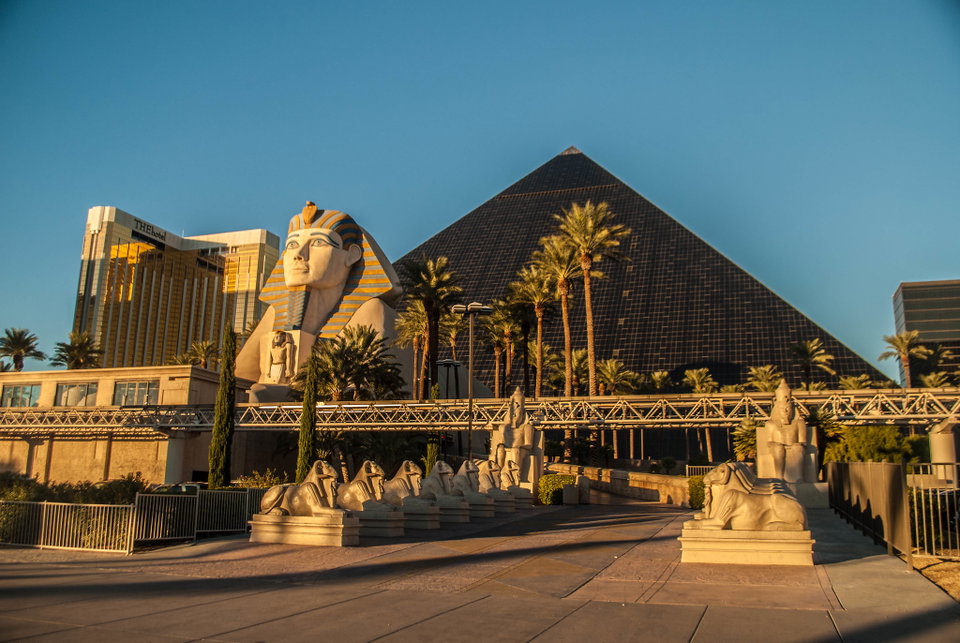 Luxor Hotel and Casino at golden hour in Luxor, Egypt.