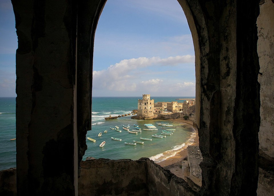 Aerial view of Mogadishu's coastline with the Indian Ocean and white-sand beaches stretching along the Somali capital
