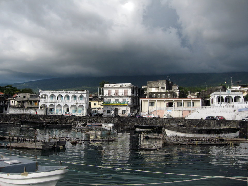 Moroni's ancient medina and whitewashed harbour mosque at dusk, Grande Comore island