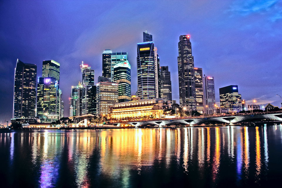 Singapore skyline with Marina Bay Sands reflecting on the water