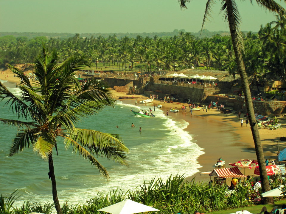 Golden sand beach in Goa lined with palm trees and colourful fishing boats at sunset
