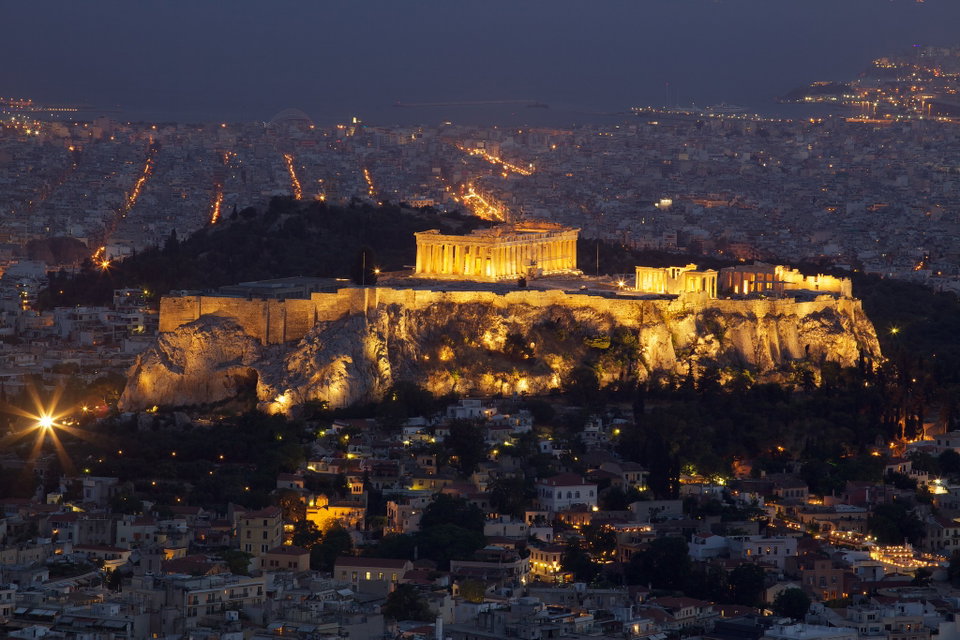 The Parthenon atop the Acropolis hill at golden hour, Athens, Greece