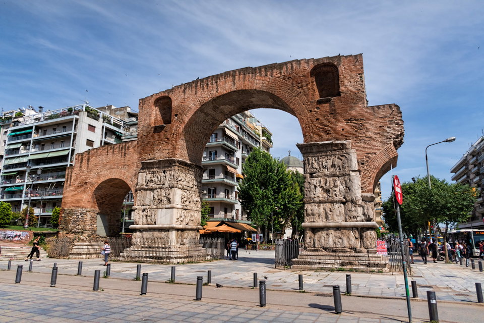Panoramic view of Thessaloniki waterfront with the White Tower at sunset, Thermaic Gulf in the background