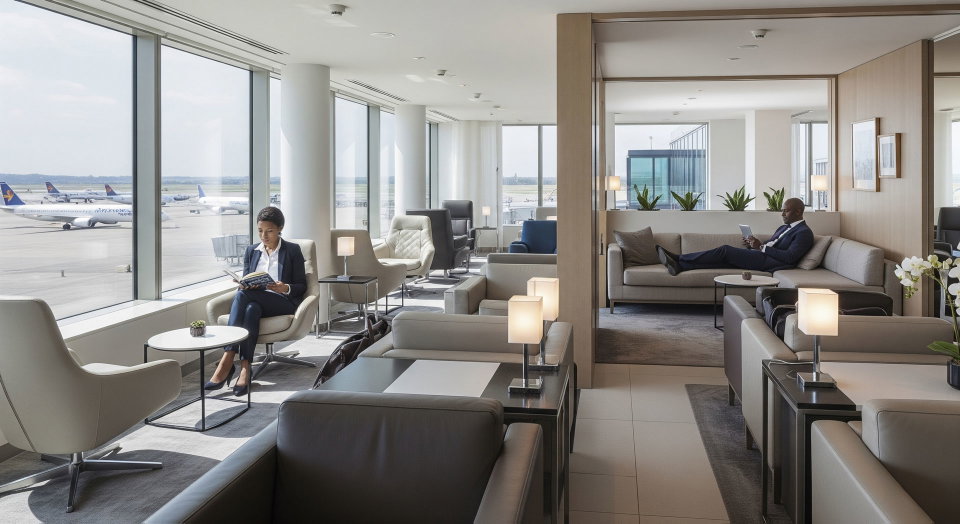 Business travelers at a premium, airport business lounge
