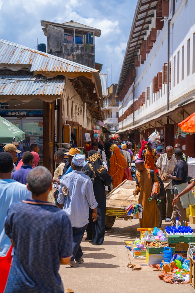 A busy street around the markets of Stone Town, Zanzibar, Tanzania. Photo by Aron Marinelli.