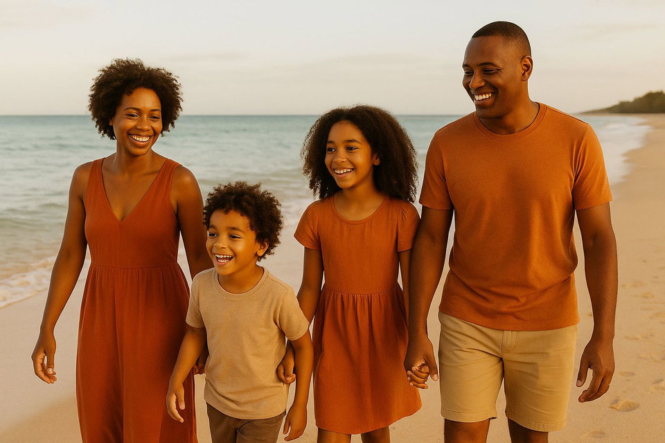 A family enjoys a vacation on a beach. 