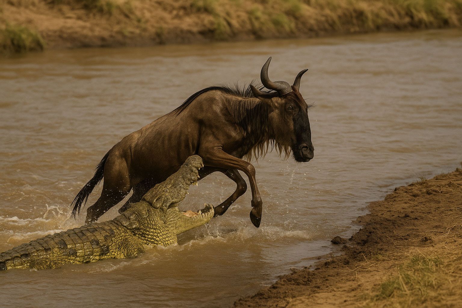 A crocodile attacks a wildebeeste at it crosses a river