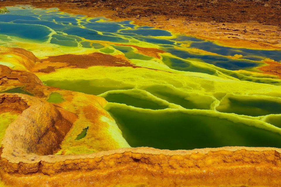 Dancalia (Ethiopia). A wonderfull landscape in a hellish (it looks like an abstract image) environment at -420 ft. Sulfur and potassium emissions with very high temperatures. Photo by Daniele Levis Pelusi.