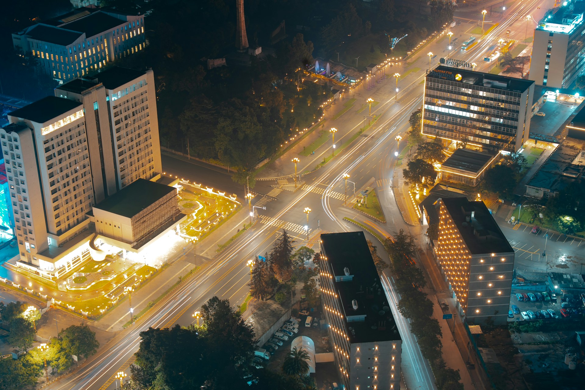 Night city lights along a street in Addis Ababa, Ethiopia. Photo by Gift Habeshaw.
