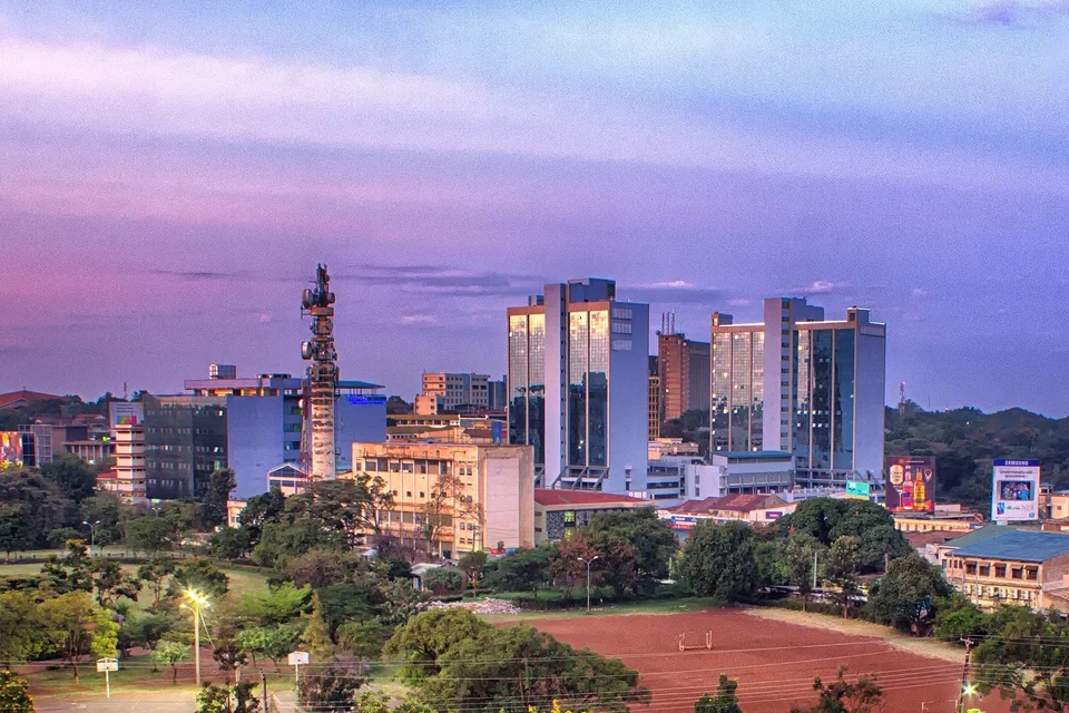 Skyline of Kisumu City at dusk.