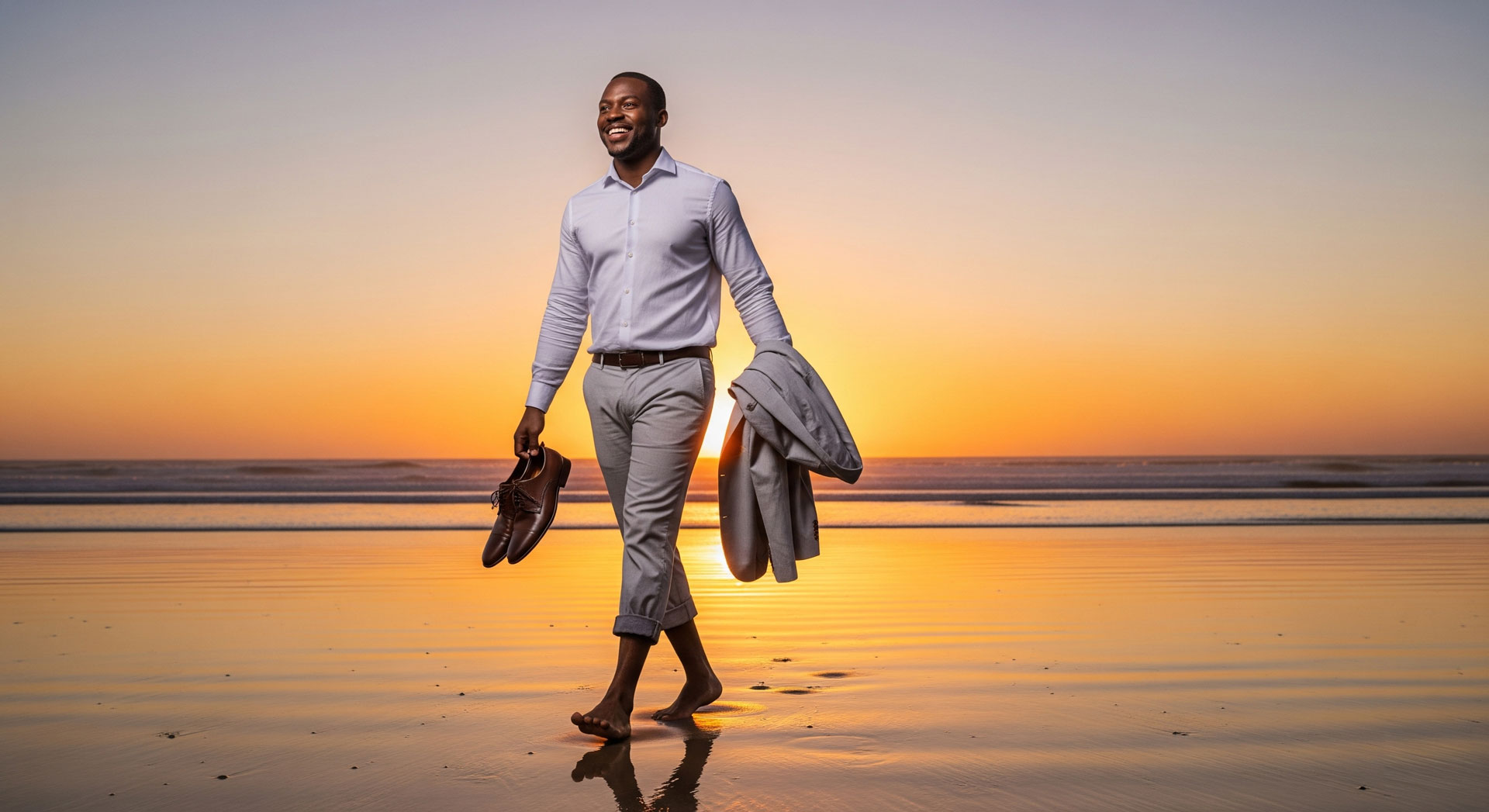 A businessman walks on a beach at sunset. 