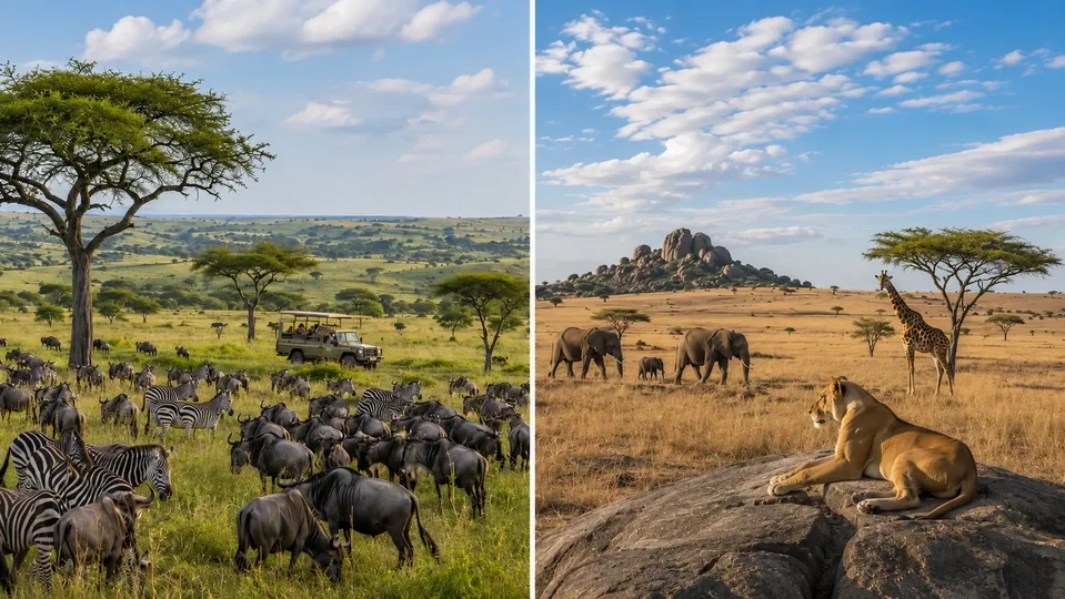 Comparison image of the Maasai Mara vs. Serengeti National Park. 