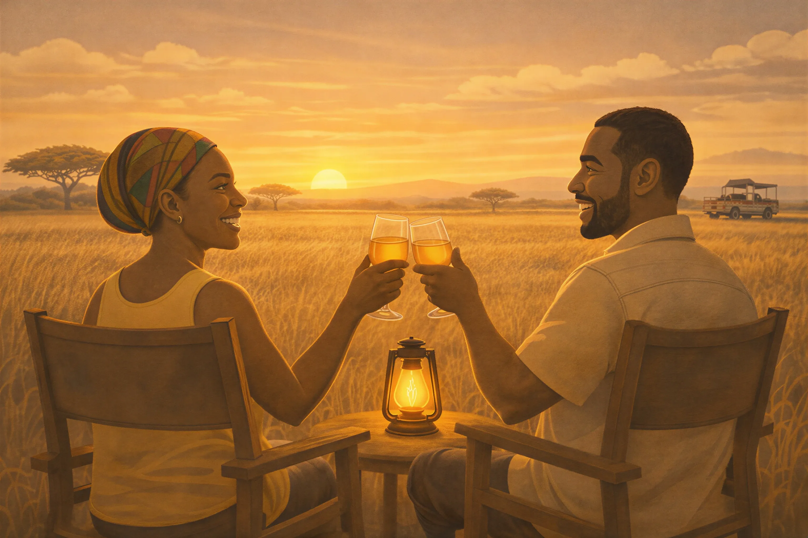 Illustrationa of a couple enjoying a sundowner drink a wildlife sanctuary in Kenya. 