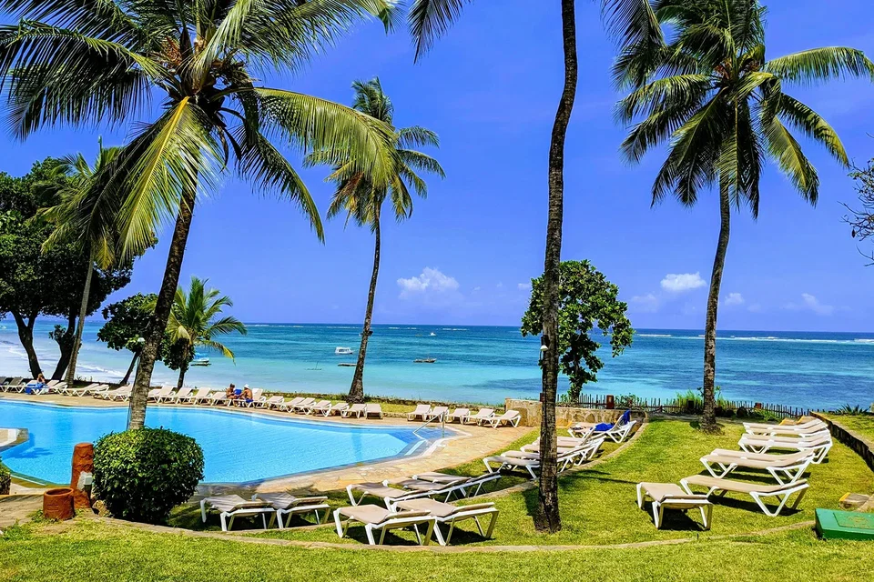 Aerial view of Mombasa's historic Old Town with traditional Swahili architecture and the Indian Ocean coastline