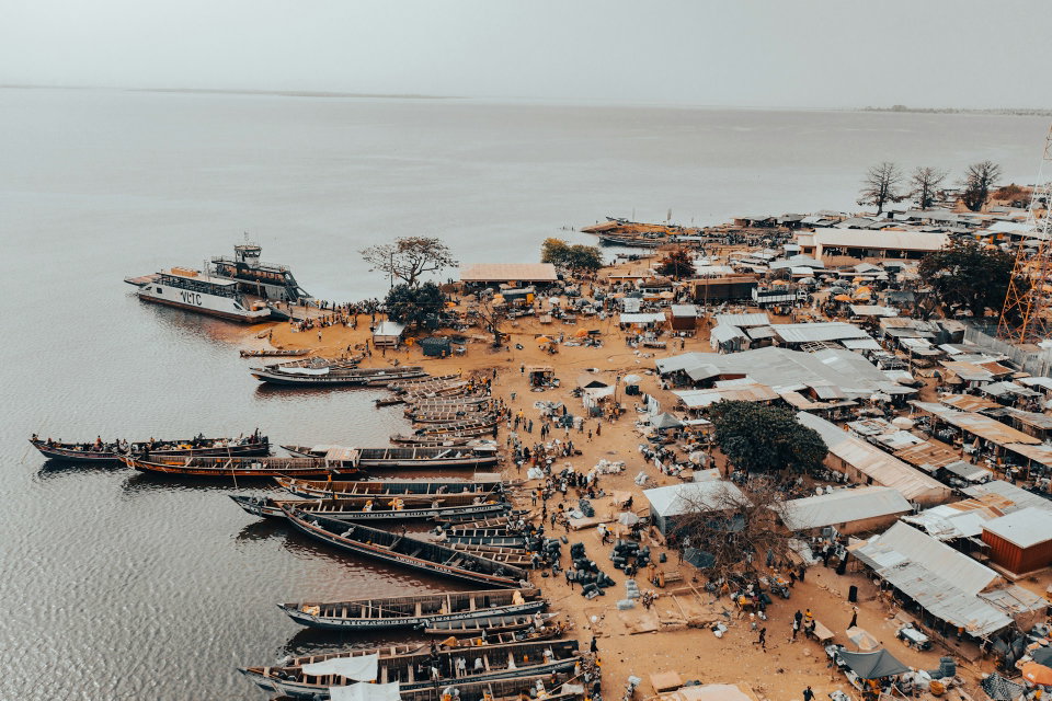 Aerial view of a bustling port in Kete-Krachi, Ghana. Photo by Nathaniel Abadji.