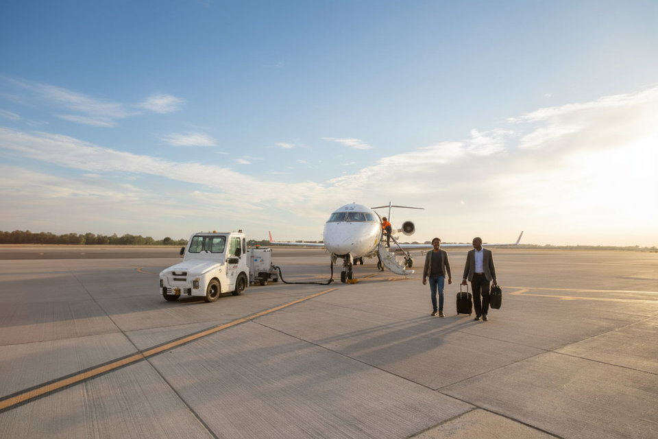 Passengers walk off a plane at an airport.