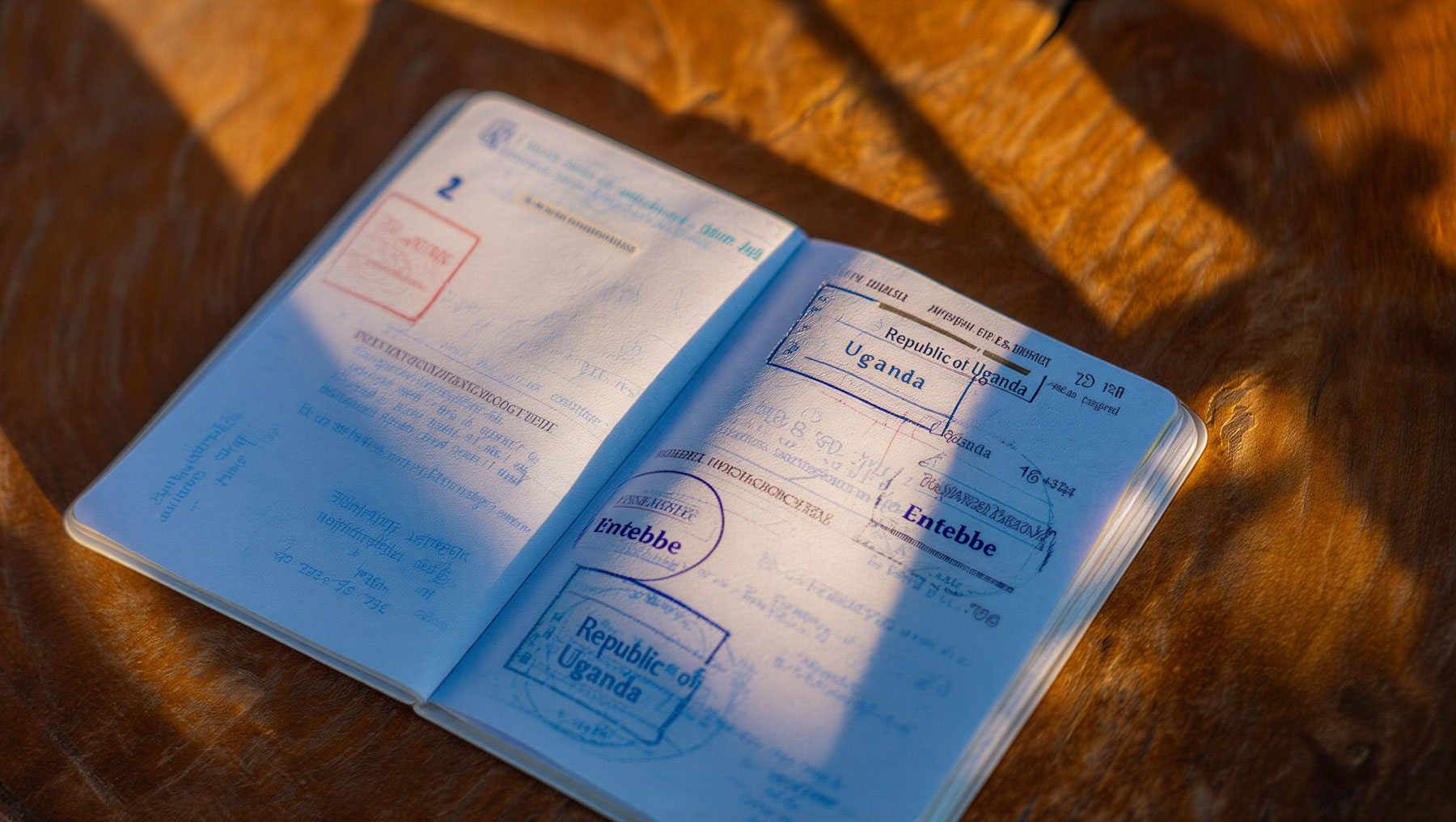 A passport open bearing visa stamps for Uganda. 