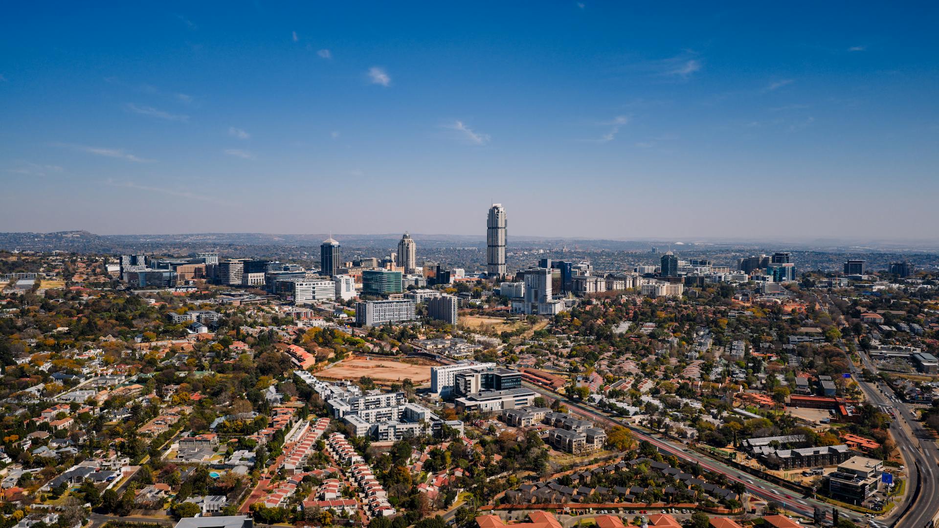 Aerial view of Sandton skyline in Gauteng, South Africa. Photo by Kelly. 