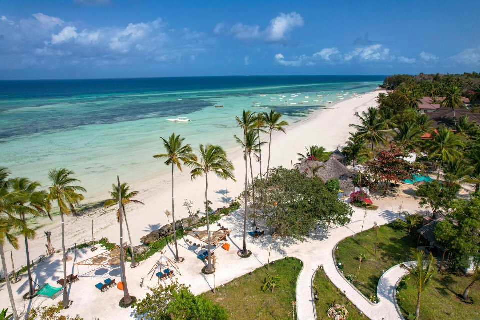 Zanzibar, Unguja South Region, Tanzania  Discover the pristine beauty of a tropical beach resort in Zanzibar with turquoise waters and palm trees. Photo by MCK. 