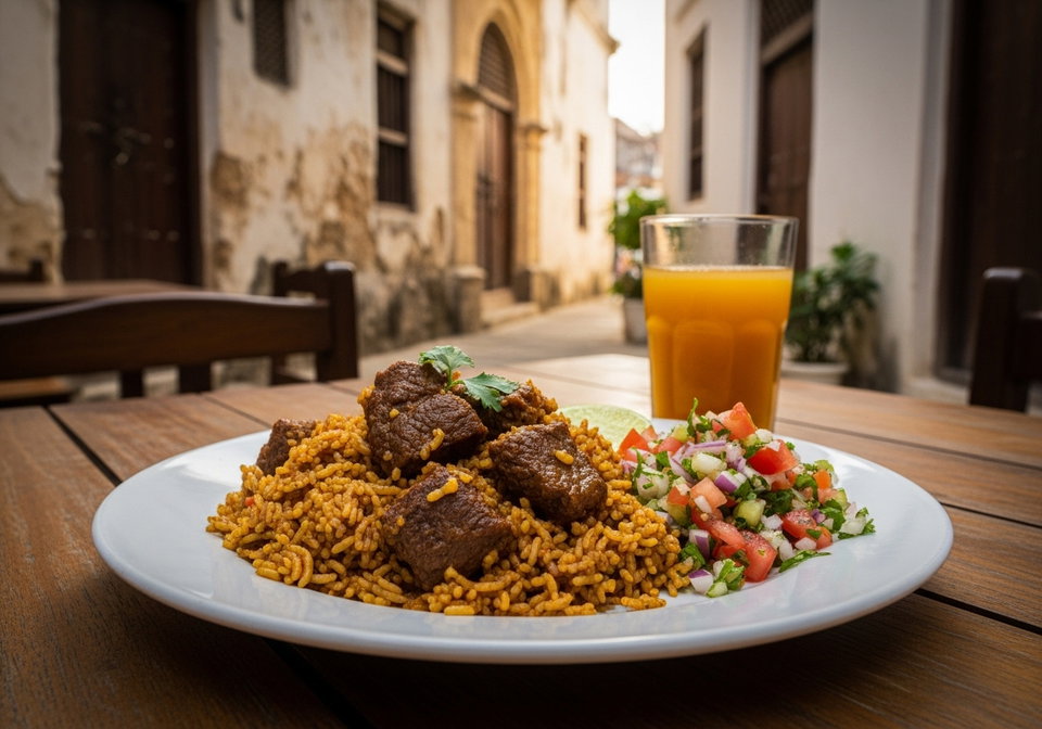 A plate of pilau served in Kenya's coastal region. Food.  