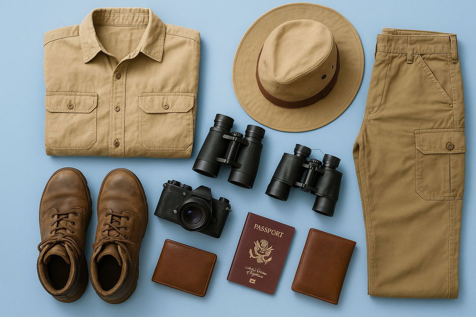 Travel items arranged in a row ready for packing