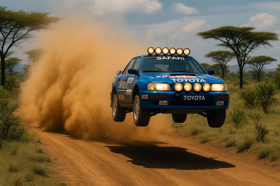 A rally car flies in the air with dust cloud behind it. 