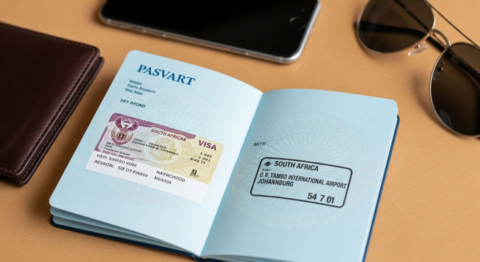 A passport open displaying a visa to South Africa. 