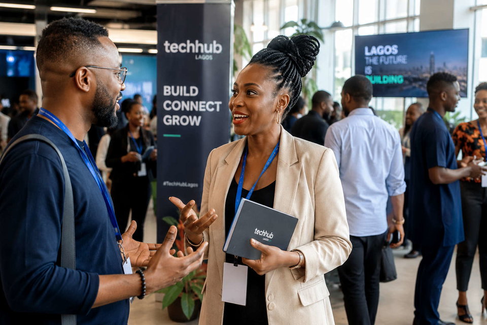Attendees hold a conversation at a tech hub meetup in Lagos, Nigeria. Business event. 