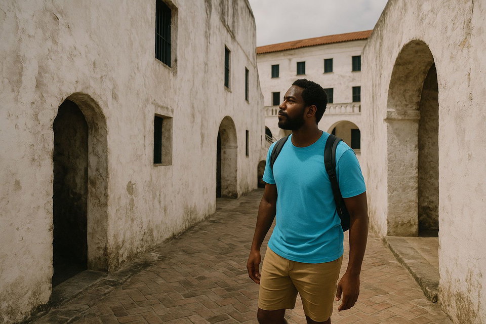 A tourist explores a castle in Ghana