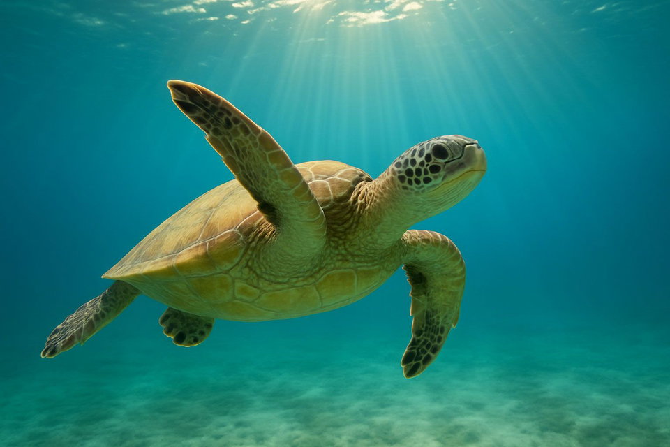 Turtle swim in ocean waters. 