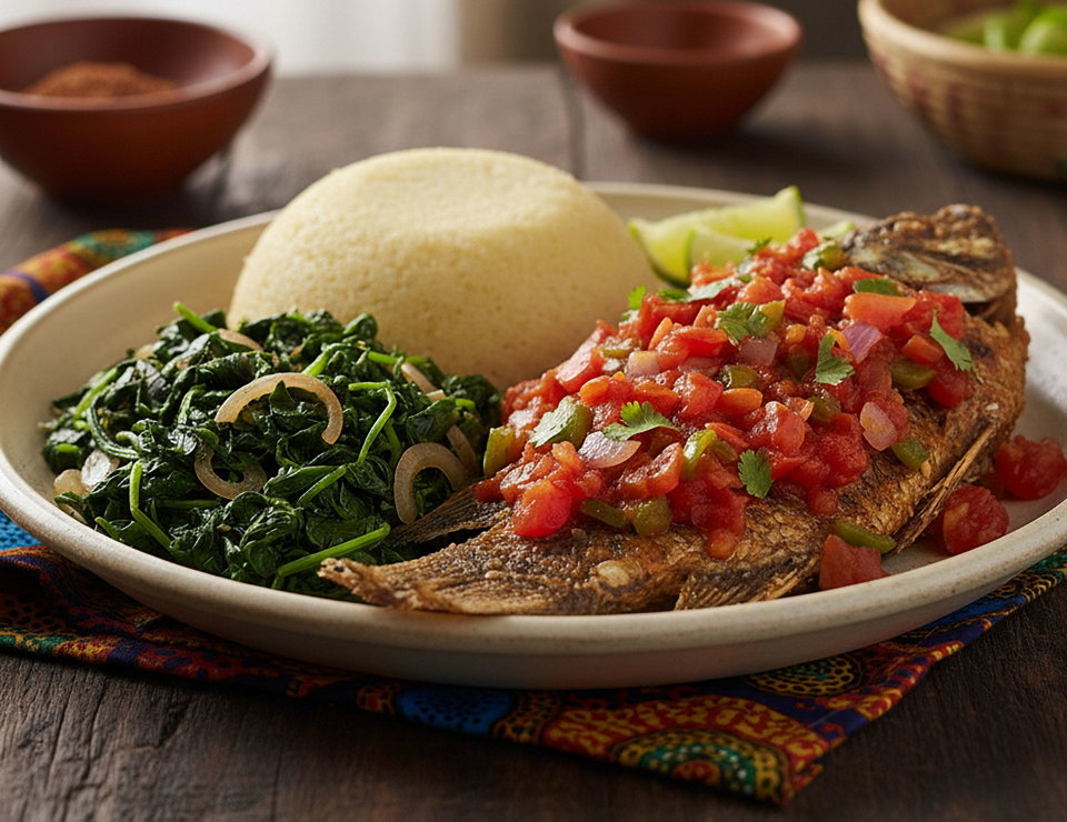 A plate of ugali, spinach and tilapia dish with chopped tomatoes and onions served in Kenya. Food. 
