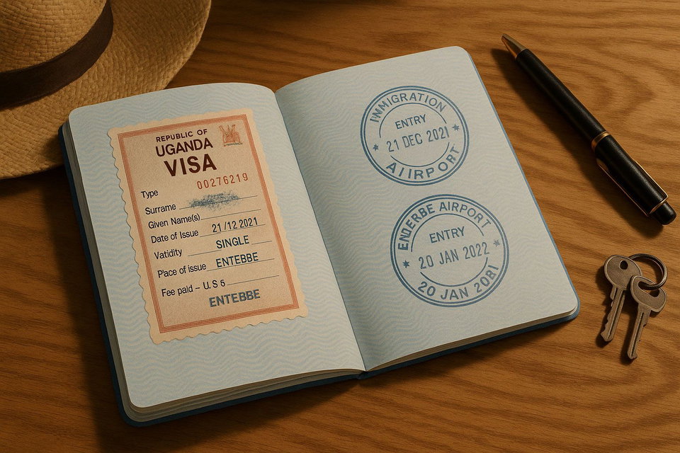 Passport with an open page showing a Uganda visa