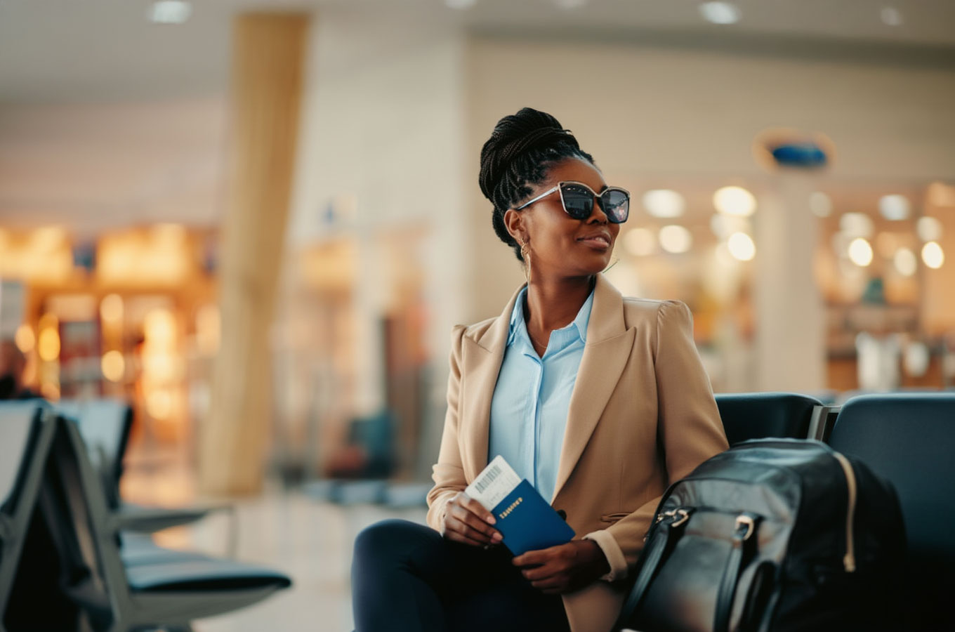 A woman sits at an airport departure lounge while holding her passport as she awaits for her flight to be called. Photo Courtesy of Reve AI. 