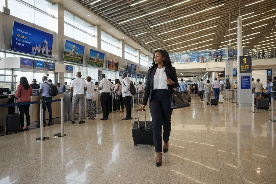 A business traveller walks through a busy airport terminal in West Africa. 